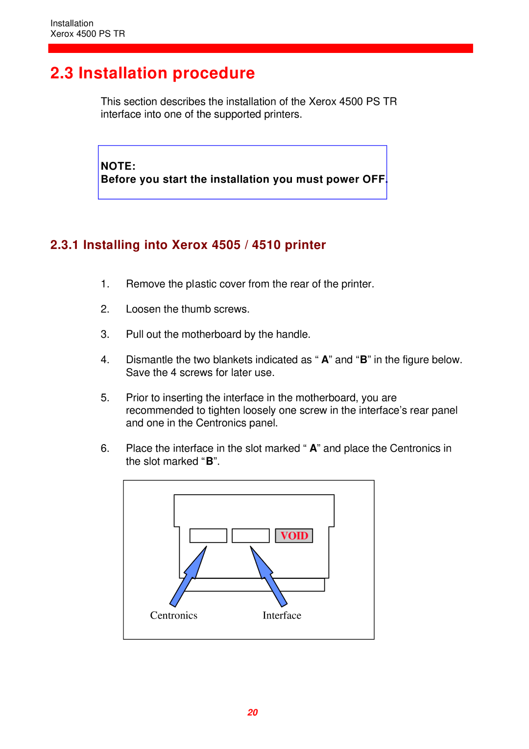 Xerox 4500 PS TR instruction manual Installation procedure, Installing into Xerox 4505 / 4510 printer 