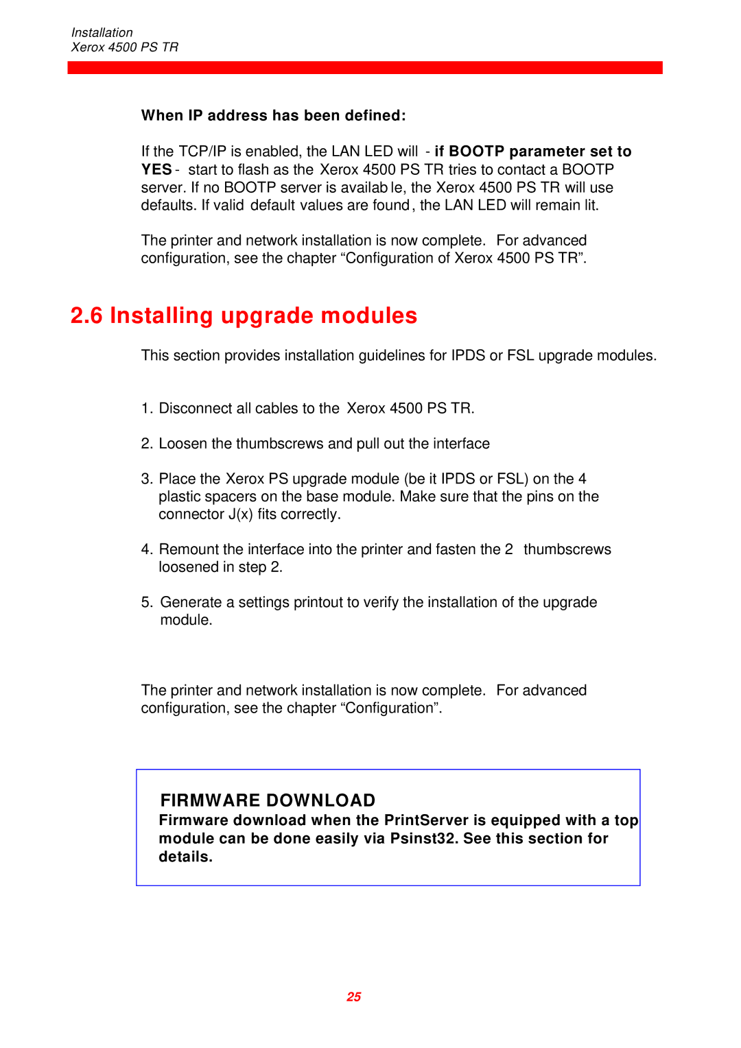 Xerox 4500 PS TR instruction manual Installing upgrade modules, When IP address has been defined 