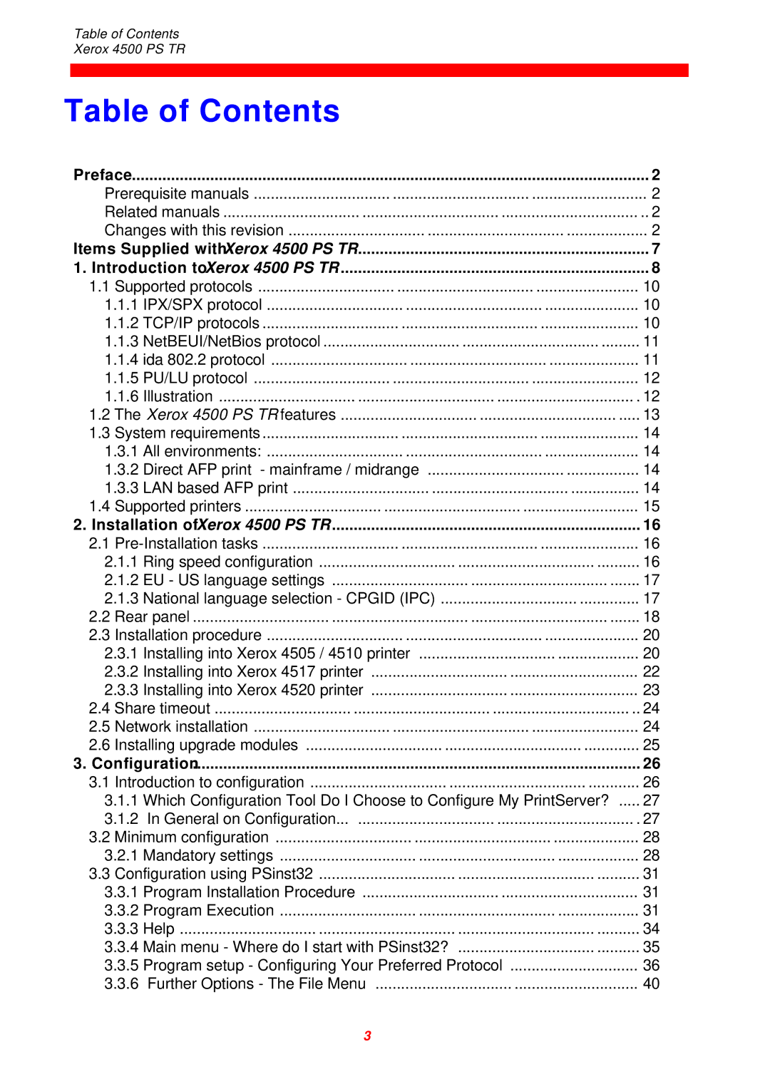 Xerox 4500 PS TR instruction manual Table of Contents 