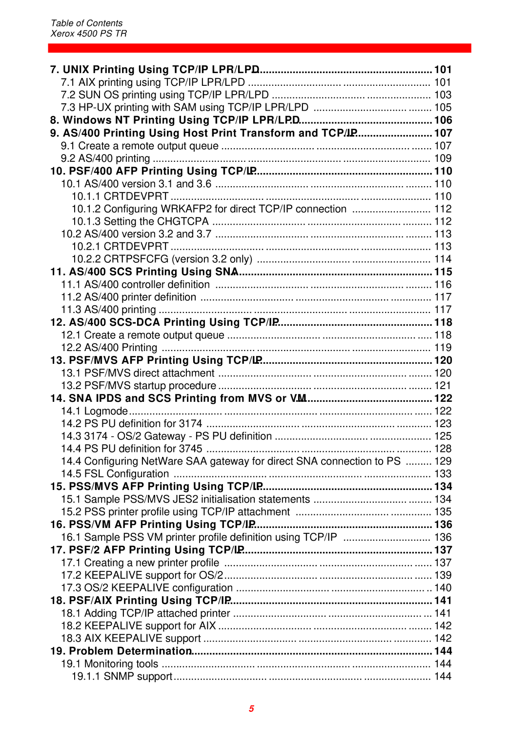 Xerox 4500 PS TR Unix Printing Using TCP/IP LPR/LPD 101, PSF/400 AFP Printing Using TCP/IP 110, Problem Determination 144 