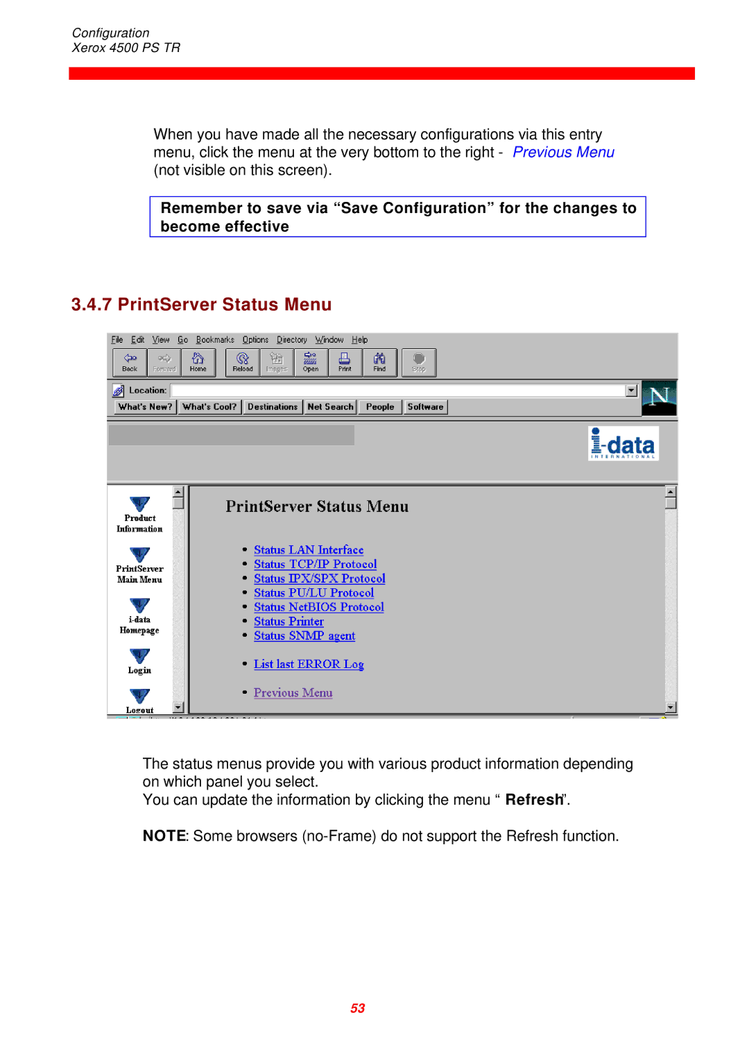 Xerox 4500 PS TR instruction manual PrintServer Status Menu 