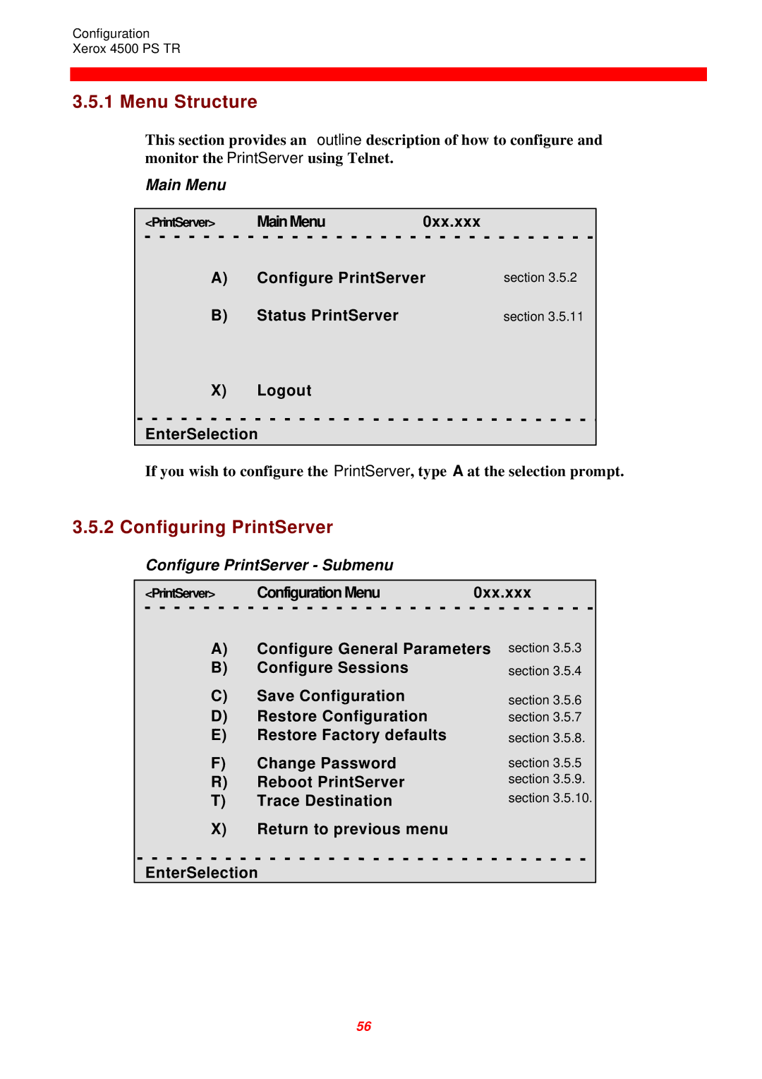 Xerox 4500 PS TR instruction manual Menu Structure, Configuring PrintServer, Main Menu, Configure PrintServer Submenu 