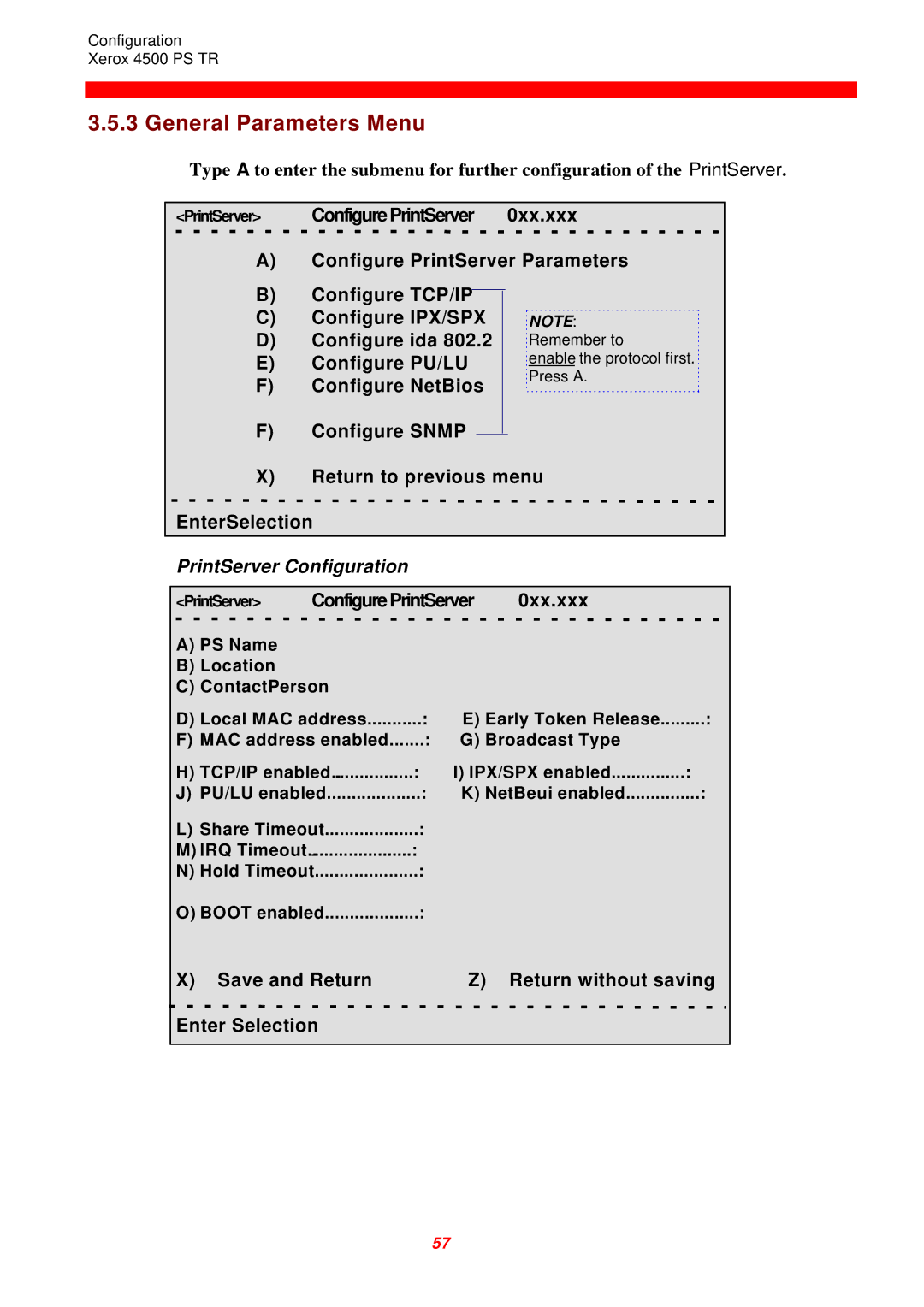 Xerox 4500 PS TR General Parameters Menu, Configure Snmp Return to previous menu EnterSelection, PrintServer Configuration 