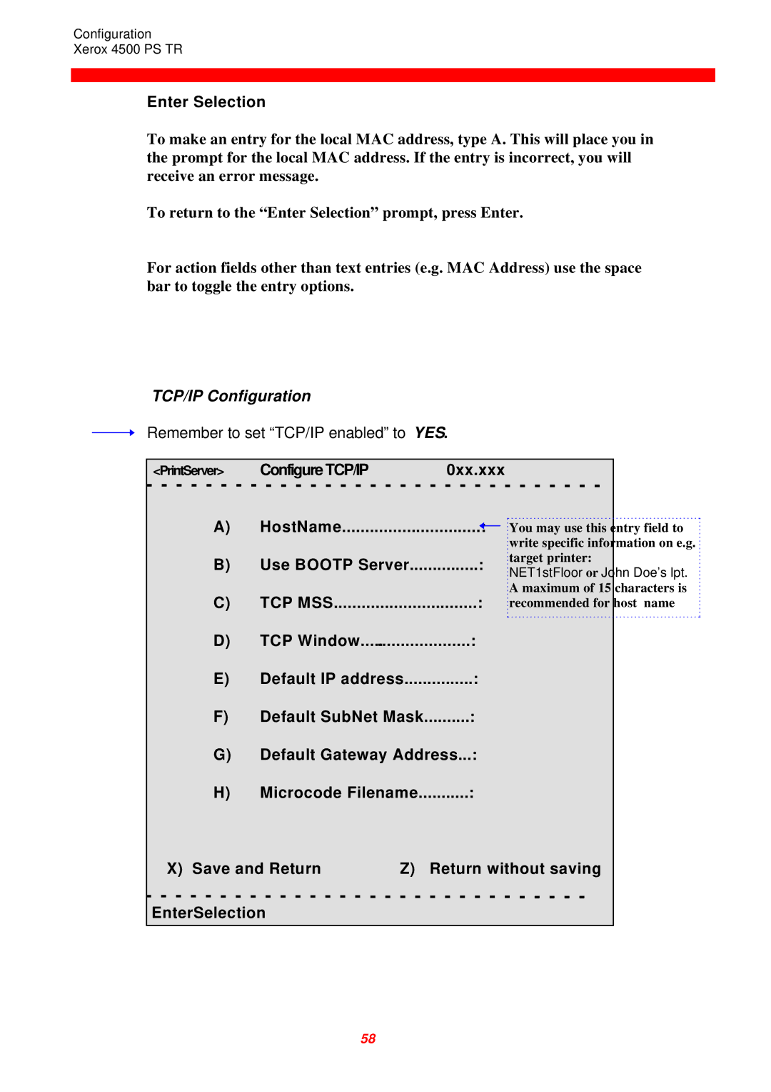 Xerox 4500 PS TR instruction manual TCP/IP Configuration, ConfigureTCP/IP 0xx.xxx HostName, Default Gateway Address 