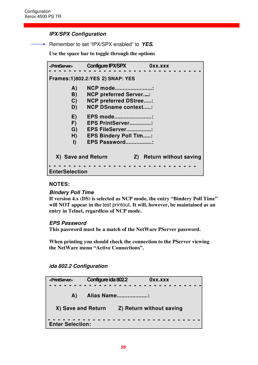 Xerox 4500 PS TR IPX/SPX Configuration, NCP preferred DStree, Bindery Poll Time, EPS Password, Ida 802.2 Configuration 