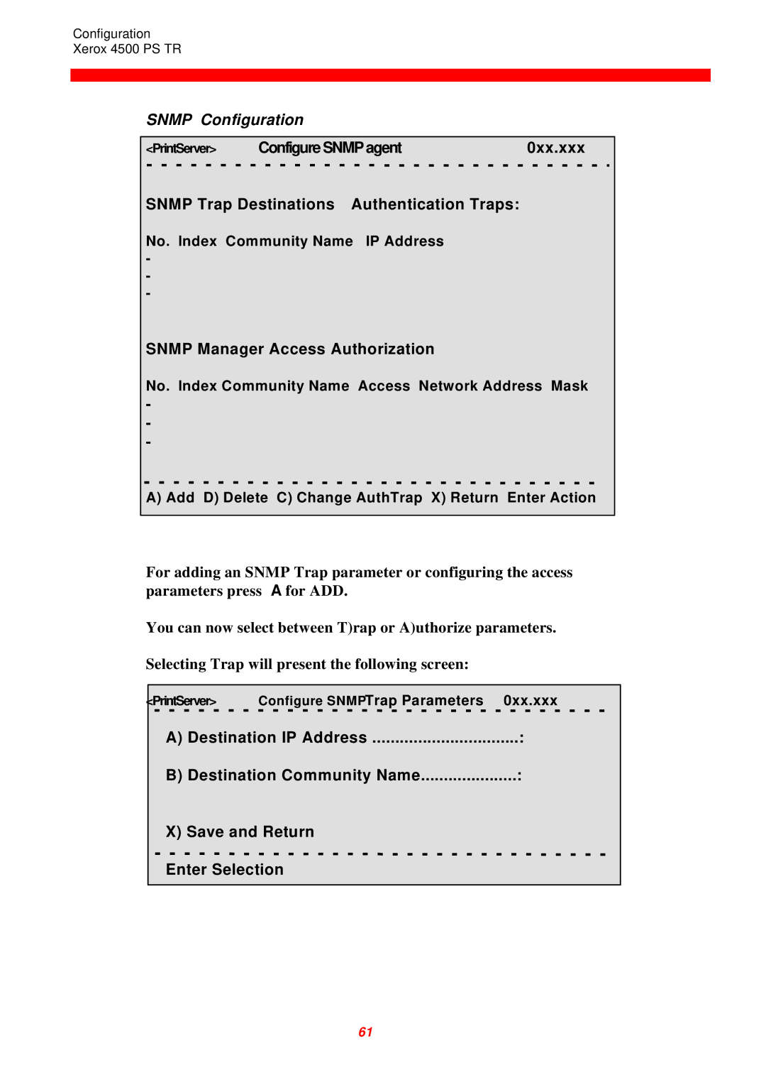 Xerox 4500 PS TR instruction manual Snmp Configuration, Snmp Manager Access Authorization 