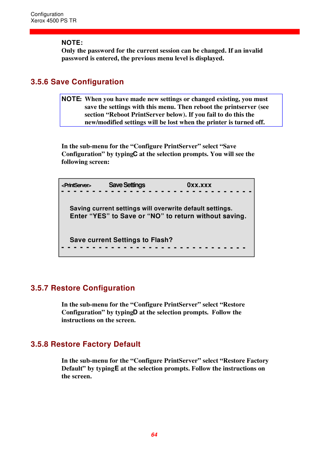 Xerox 4500 PS TR instruction manual Save Configuration, Restore Configuration, Restore Factory Default 