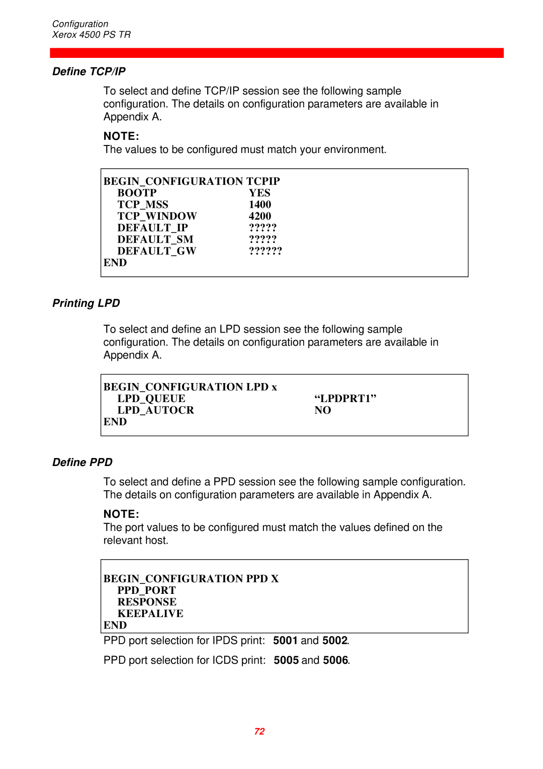 Xerox 4500 PS TR instruction manual Define TCP/IP, Printing LPD, Define PPD 