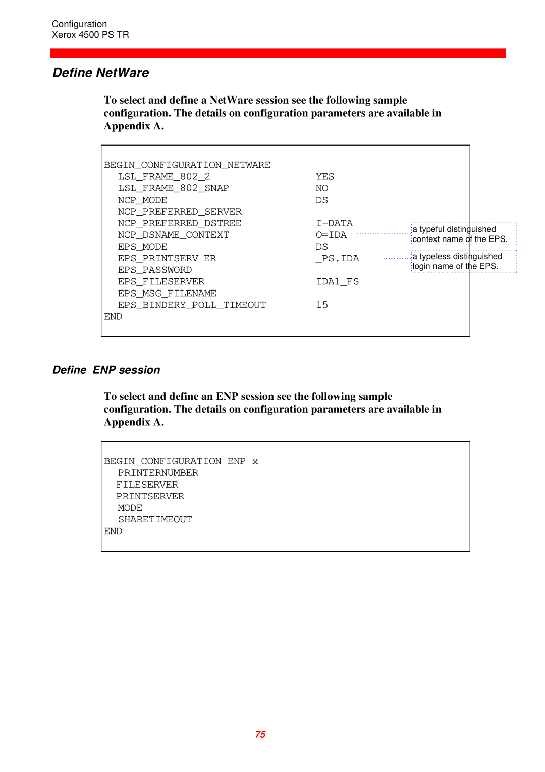 Xerox 4500 PS TR instruction manual Define NetWare, Define ENP session 