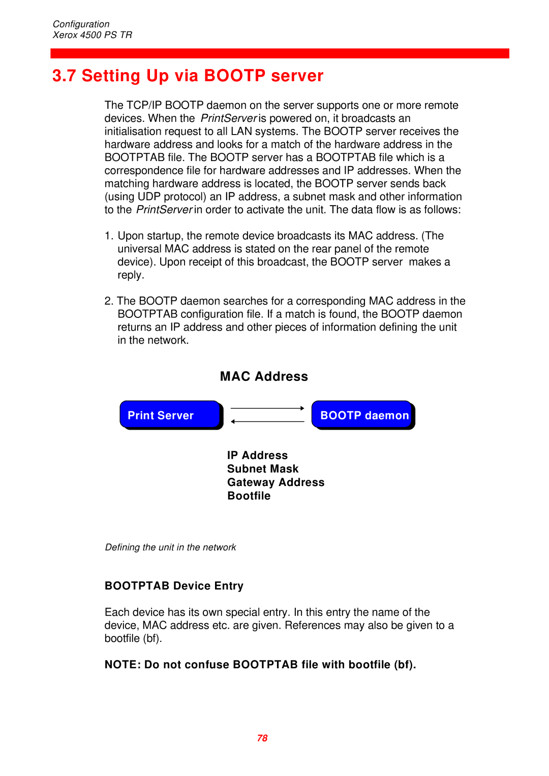 Xerox 4500 PS TR Setting Up via Bootp server, IP Address Subnet Mask Gateway Address Bootfile, Bootptab Device Entry 