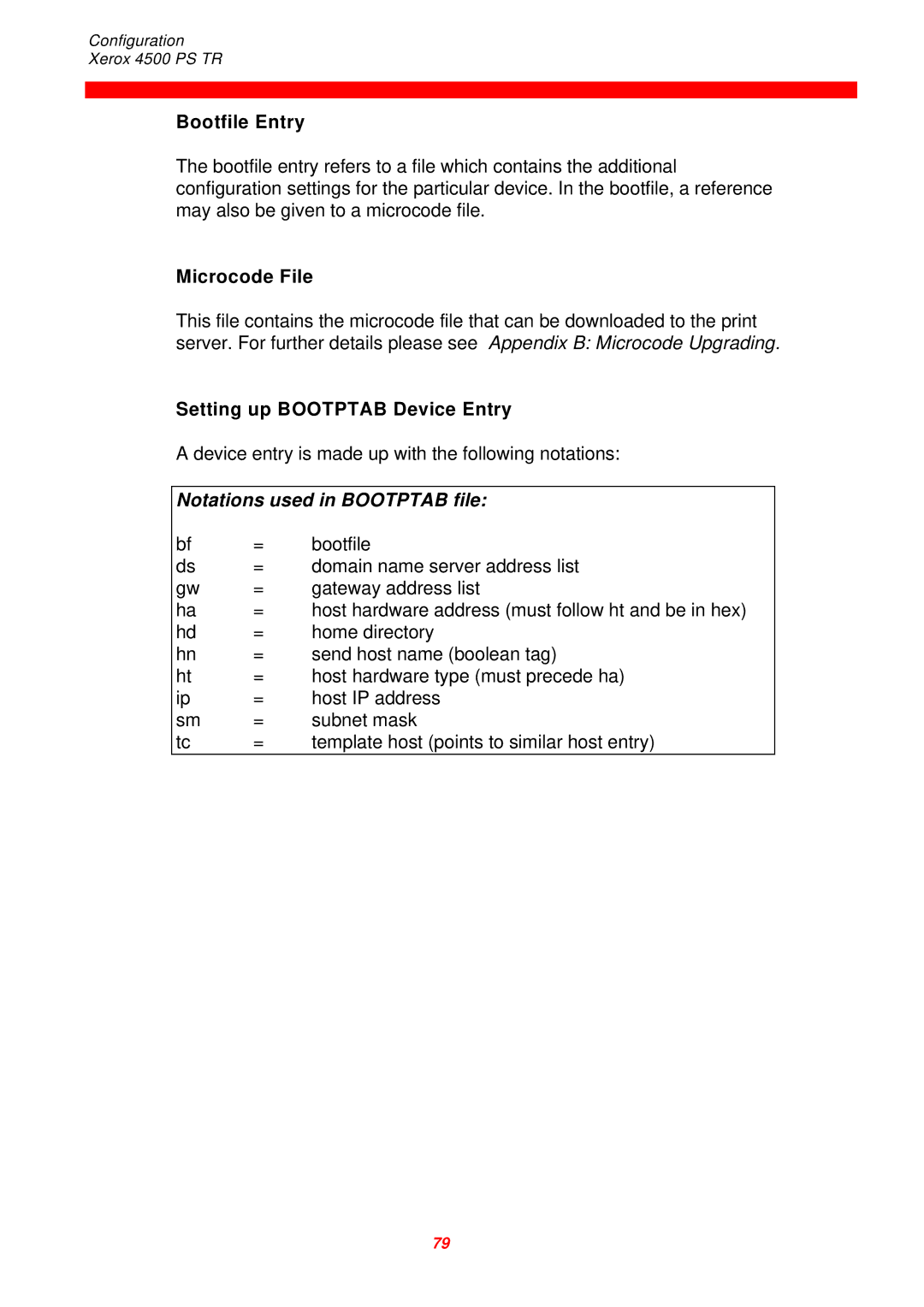 Xerox 4500 PS TR Bootfile Entry, Microcode File, Setting up Bootptab Device Entry, Notations used in Bootptab file 