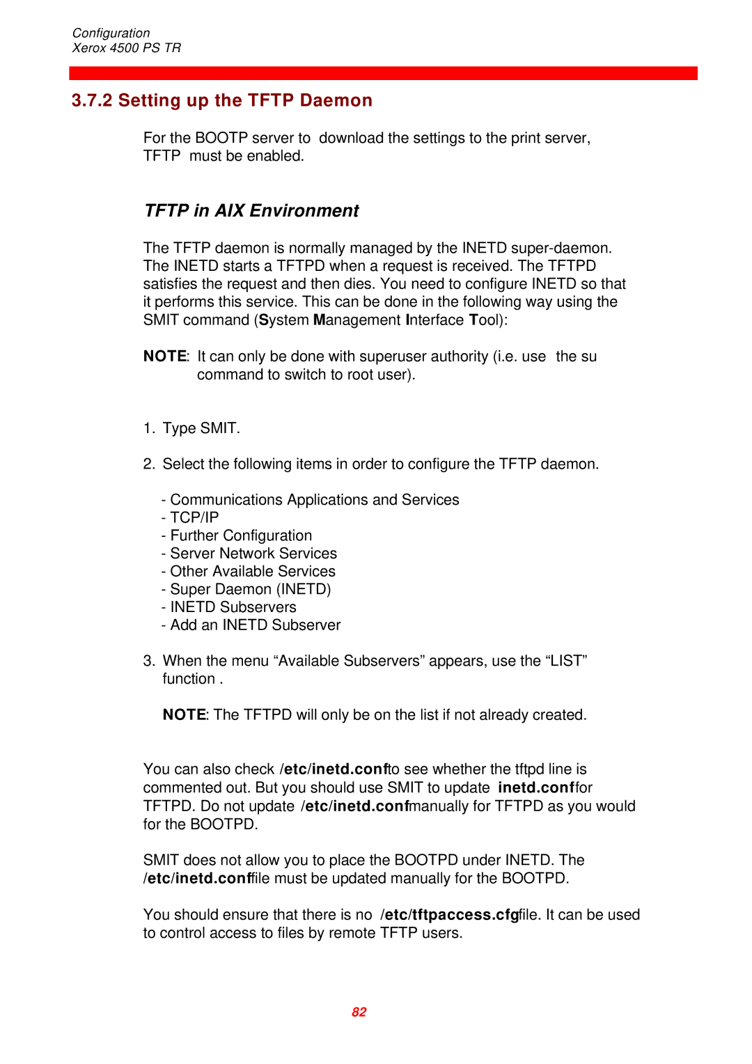 Xerox 4500 PS TR instruction manual Setting up the Tftp Daemon, Tftp in AIX Environment 