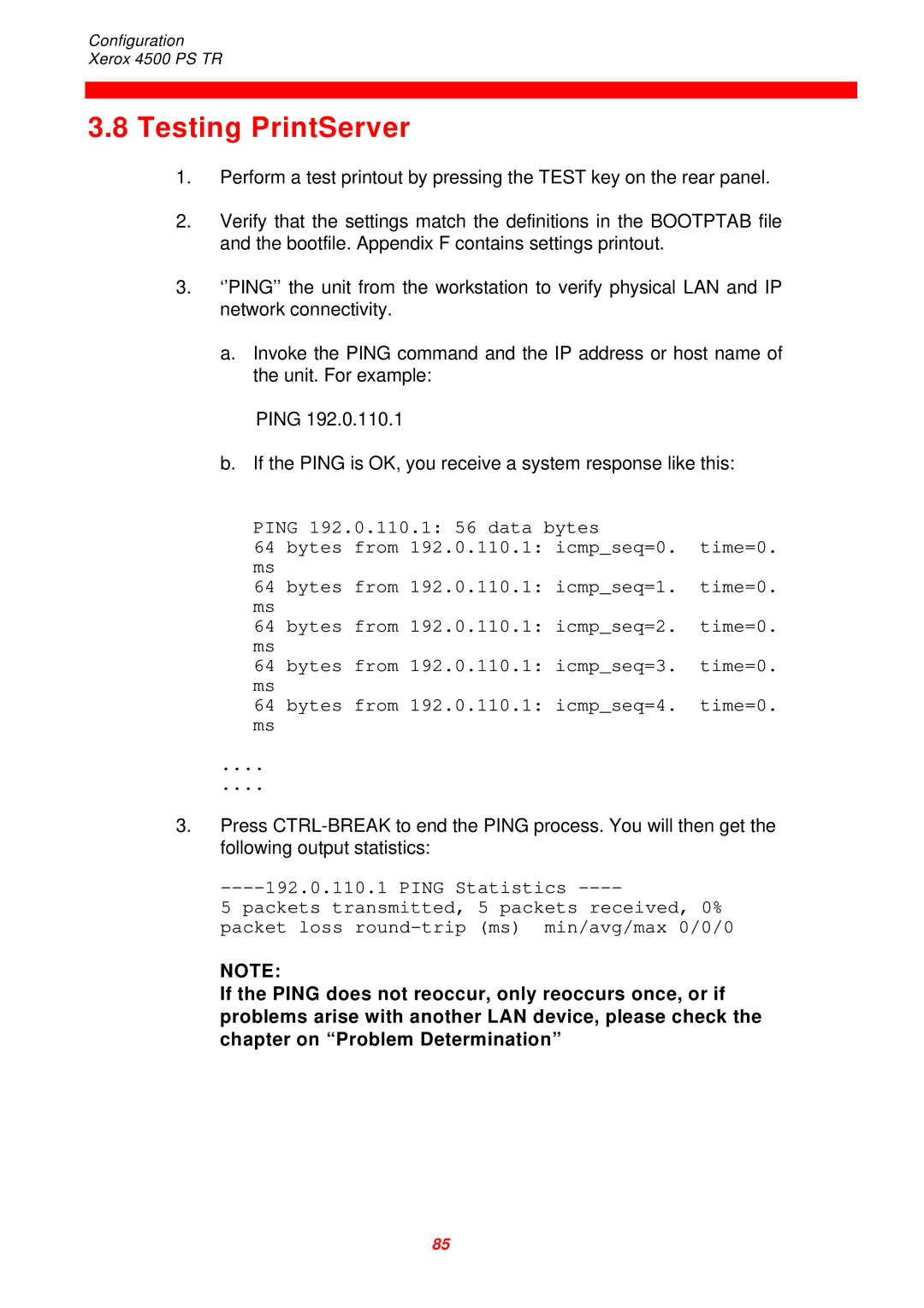 Xerox 4500 PS TR instruction manual Testing PrintServer 