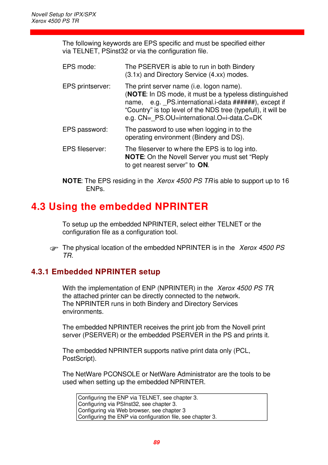 Xerox 4500 PS TR instruction manual Using the embedded Nprinter, Embedded Nprinter setup 