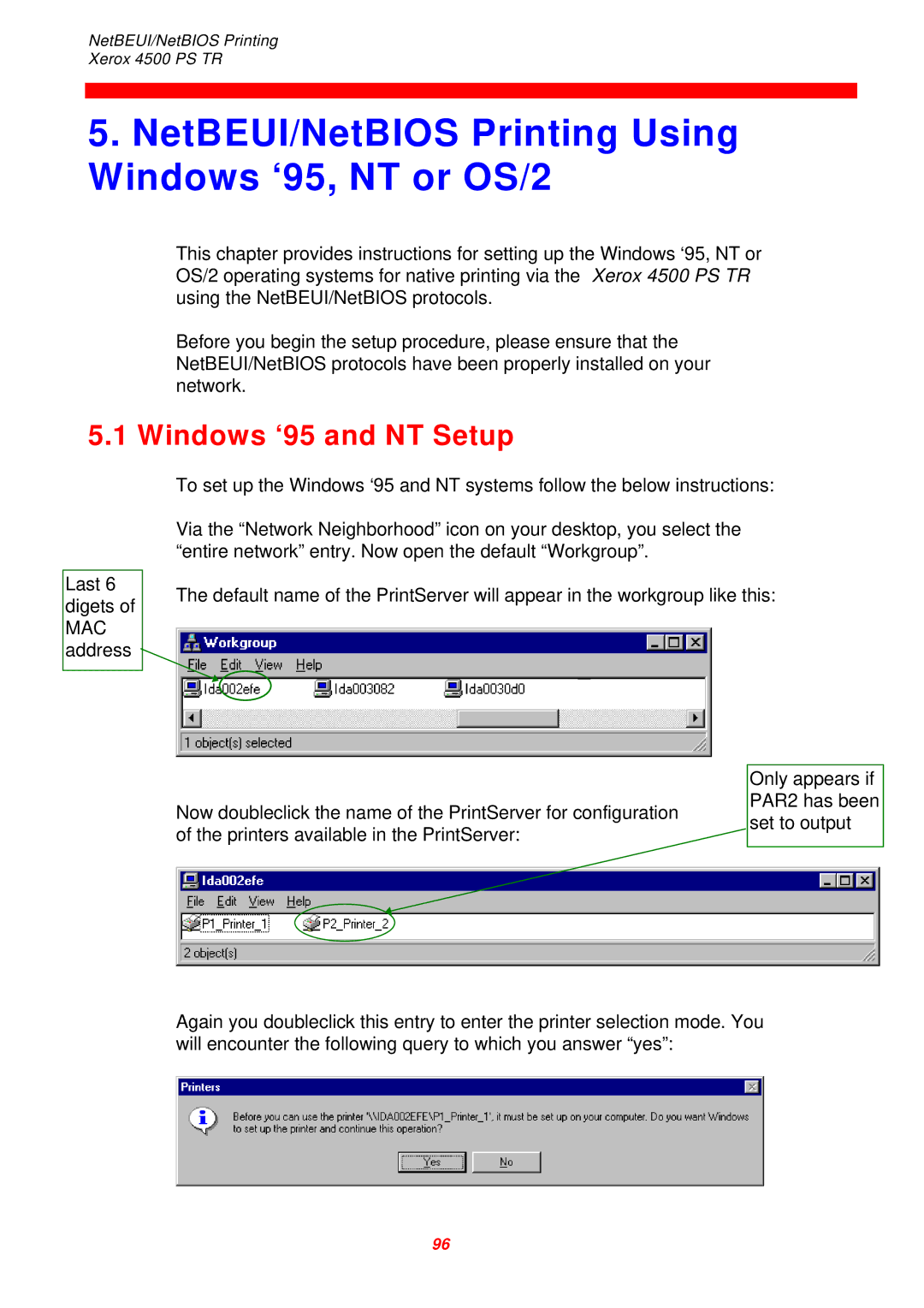 Xerox 4500 PS TR instruction manual NetBEUI/NetBIOS Printing Using Windows ‘95, NT or OS/2, Windows ‘95 and NT Setup 