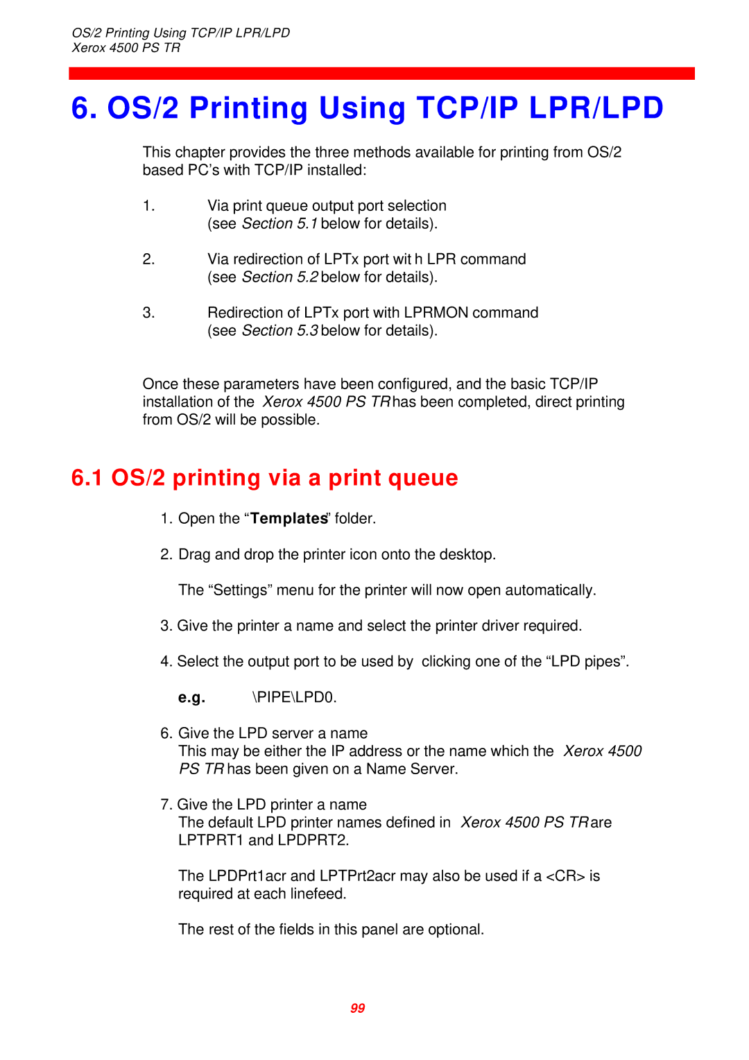 Xerox 4500 PS TR instruction manual OS/2 Printing Using TCP/IP LPR/LPD, OS/2 printing via a print queue 