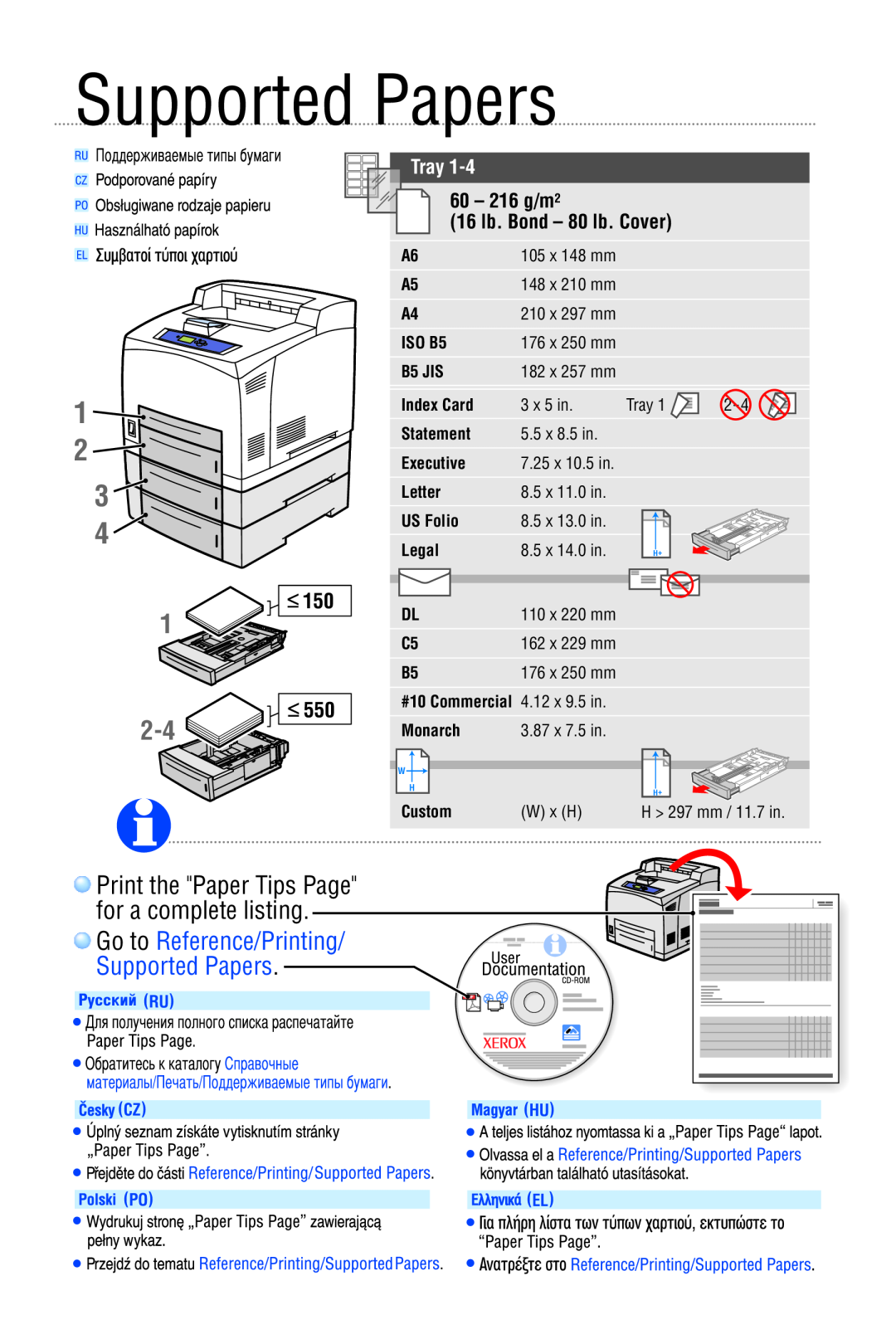 Xerox 4500 Supported Papers, Print the Paper Tips Page for a complete listing, Tray, ISO B5, B5 JIS, Index Card, Statement 