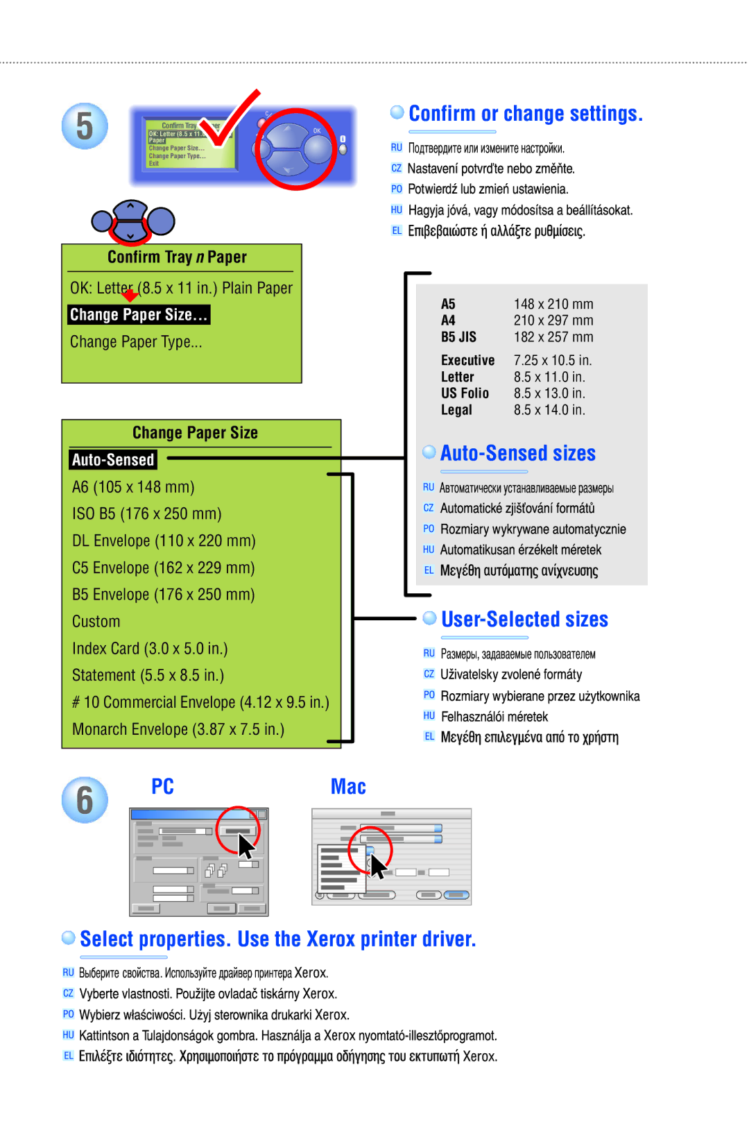 Xerox 4500 manual Confirm or change settings, Auto-Sensed sizes, User-Selected sizes 