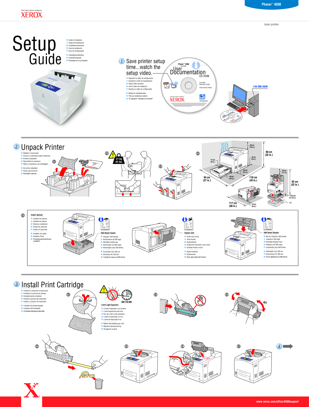 Xerox 4500 setup guide Install options, Sheet Feeder, Duplex Unit Sheet Stacker, Limit Light Exposure 