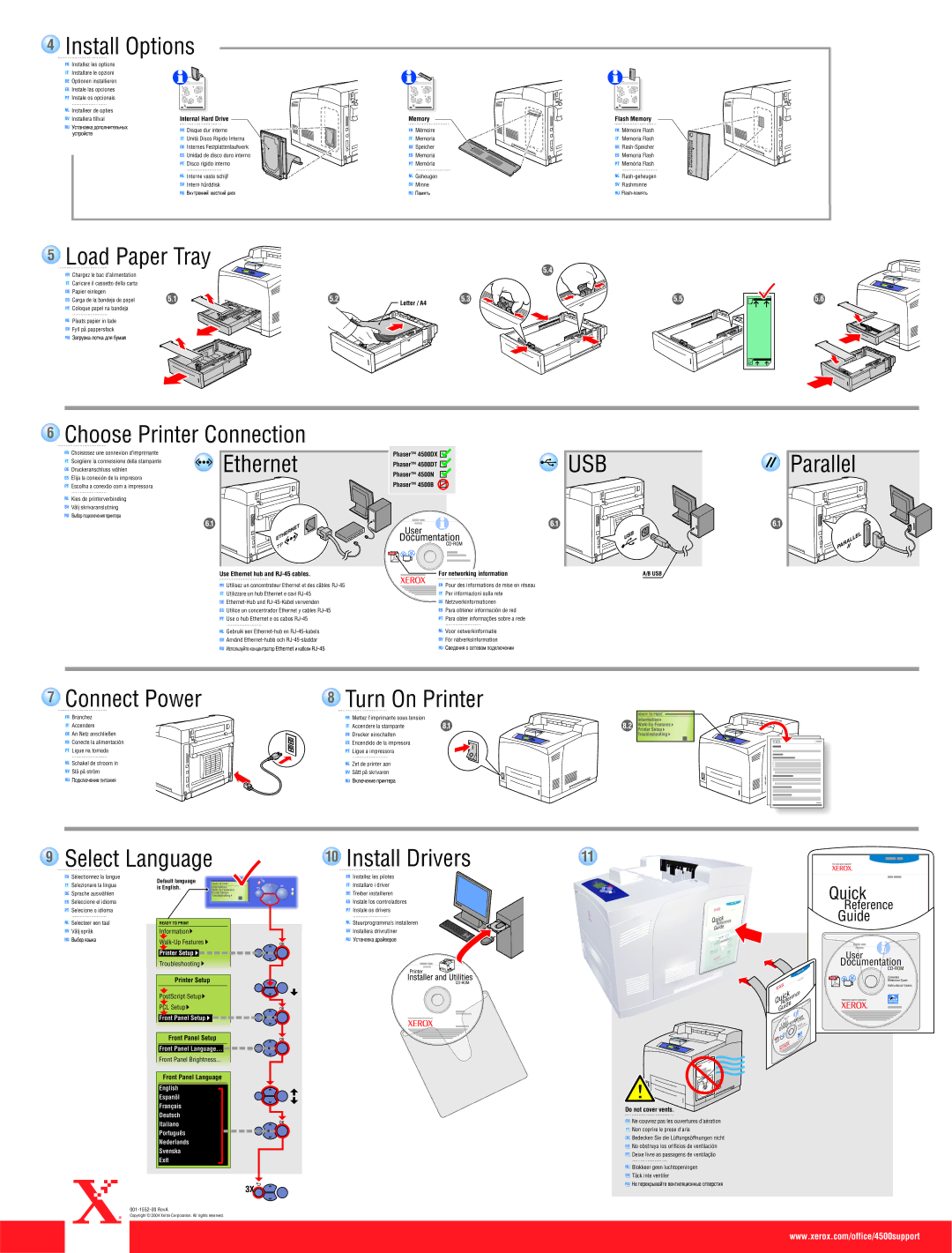 Xerox 4500 setup guide Install Options, Load Paper Tray, Choose Printer Connection, Ethernet, Select Language 