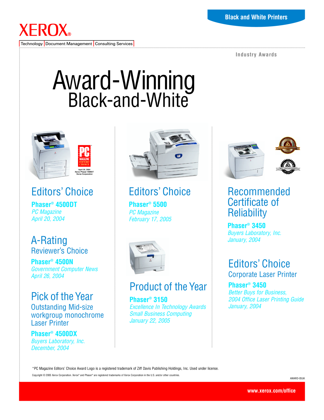 Xerox 4500/N manual Award-Winning, Black-and-White, Editors’ Choice, A-Rating, Pick of the Year, Certificate of, Phaser 