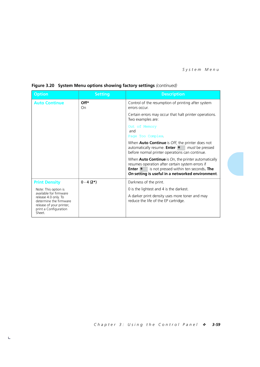 Xerox 4510/4510ps manual Control of the resumption of printing after system, Two examples are, Automatically resume. Enter 