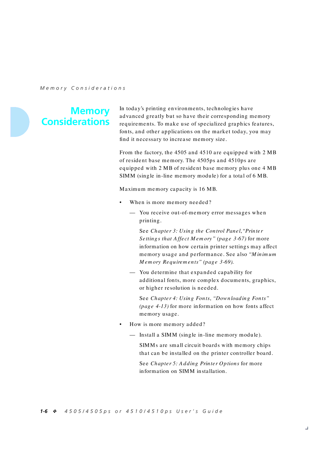 Xerox 4505/4505ps, 4510/4510ps manual Memory Considerations, M o r y C o n s i d e r a t i o n s 