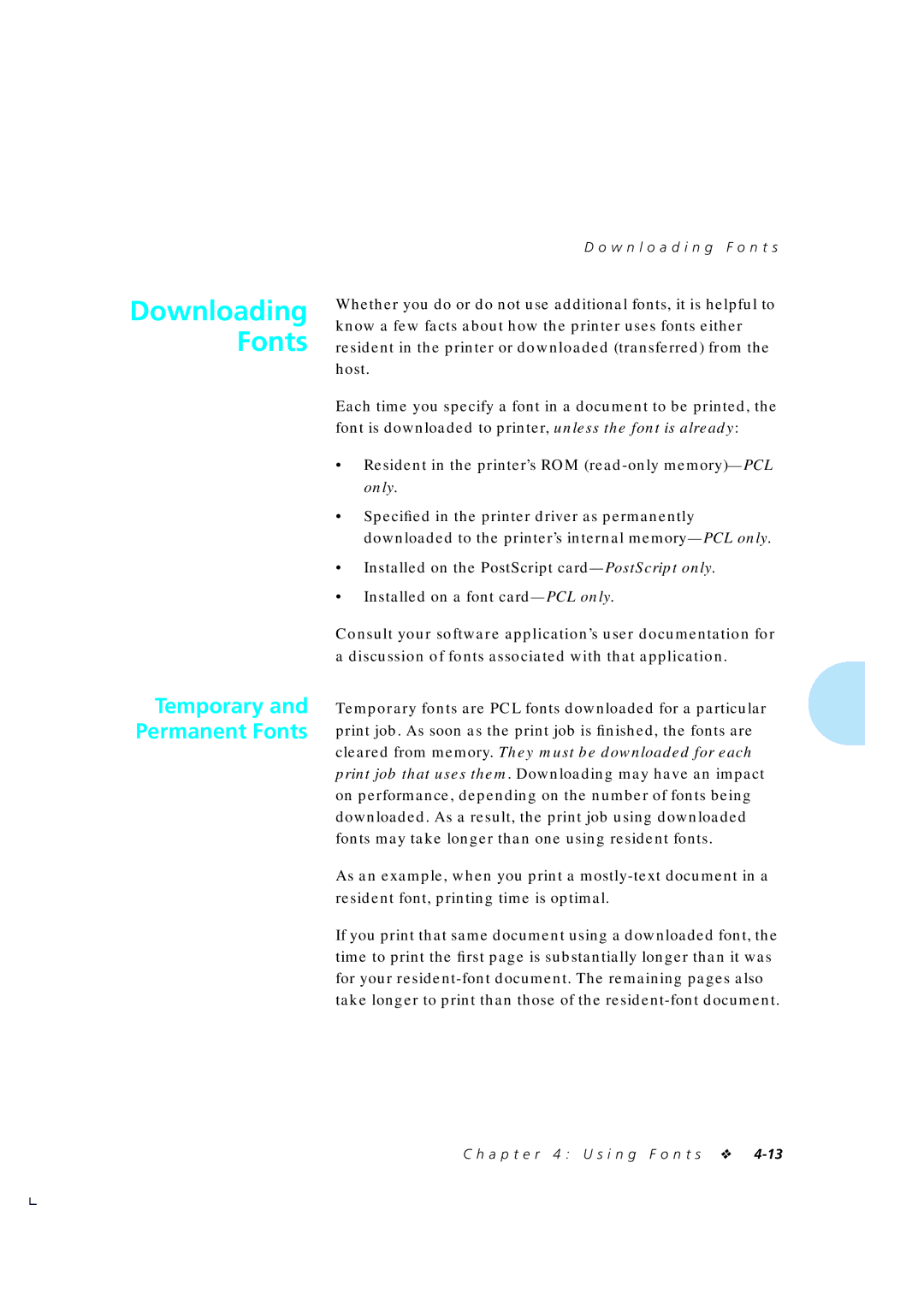 Xerox 4510/4510ps, 4505/4505ps manual Temporary and Permanent Fonts, W n l o a d i n g F o n t s 