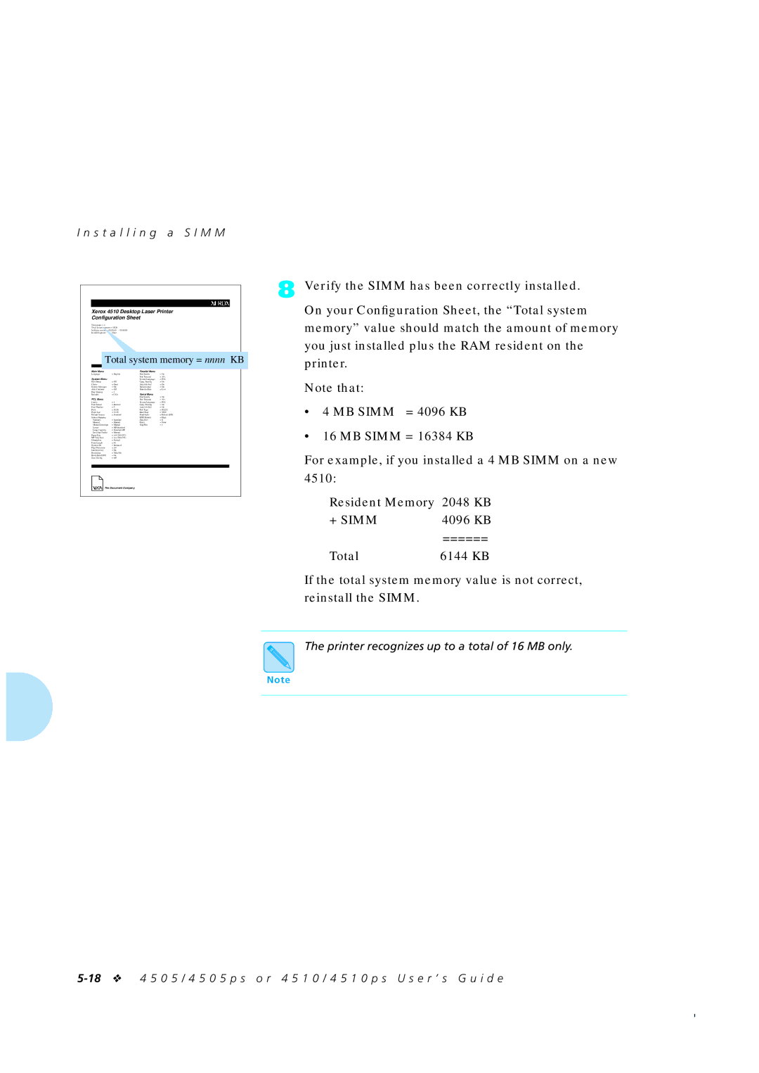 Xerox 4505/4505ps, 4510/4510ps manual Verify the Simm has been correctly installed, Total system memory = nnnn KB 