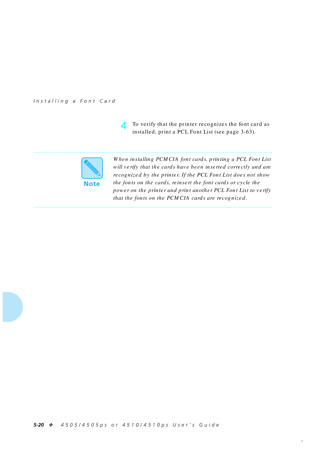 Xerox 4505/4505ps, 4510/4510ps manual When installing Pcmcia font cards, printing a PCL Font List 