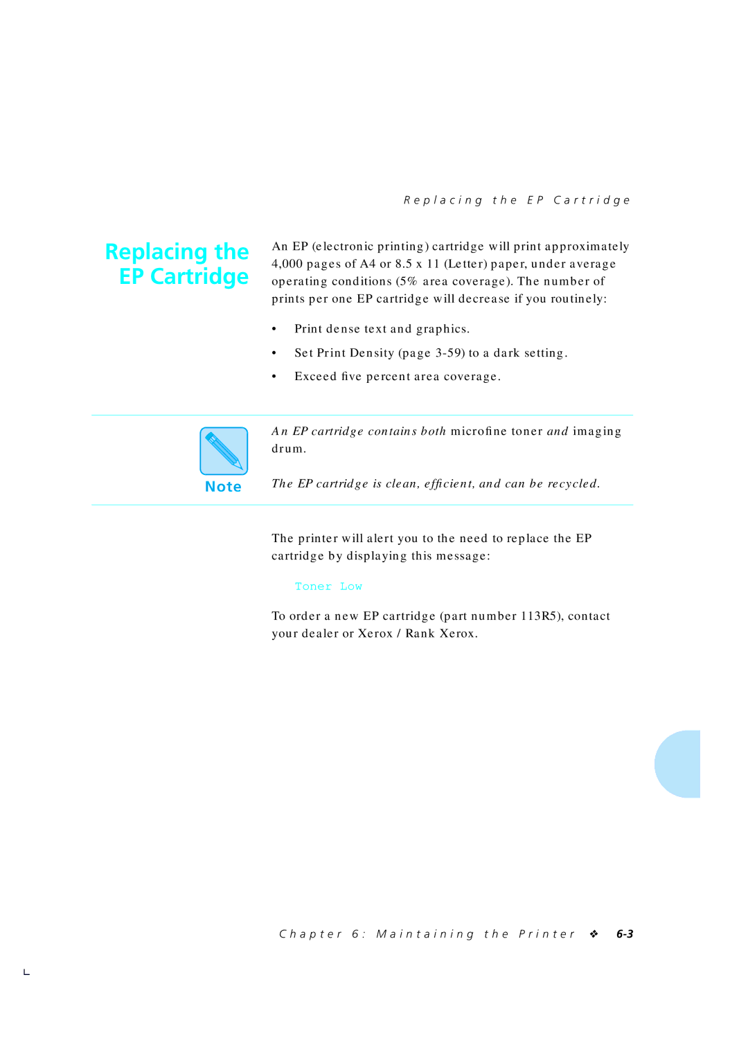 Xerox 4510/4510ps, 4505/4505ps manual Replacing the EP Cartridge, P l a c i n g t h e E P C a r t r i d g e 