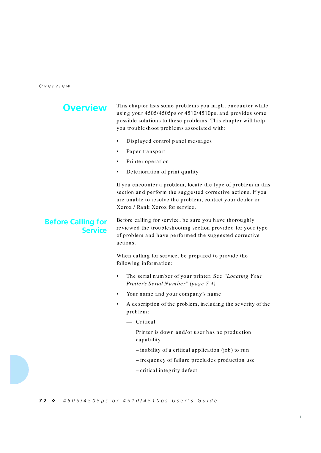 Xerox 4505/4505ps, 4510/4510ps manual Before Calling for Service, Critical 