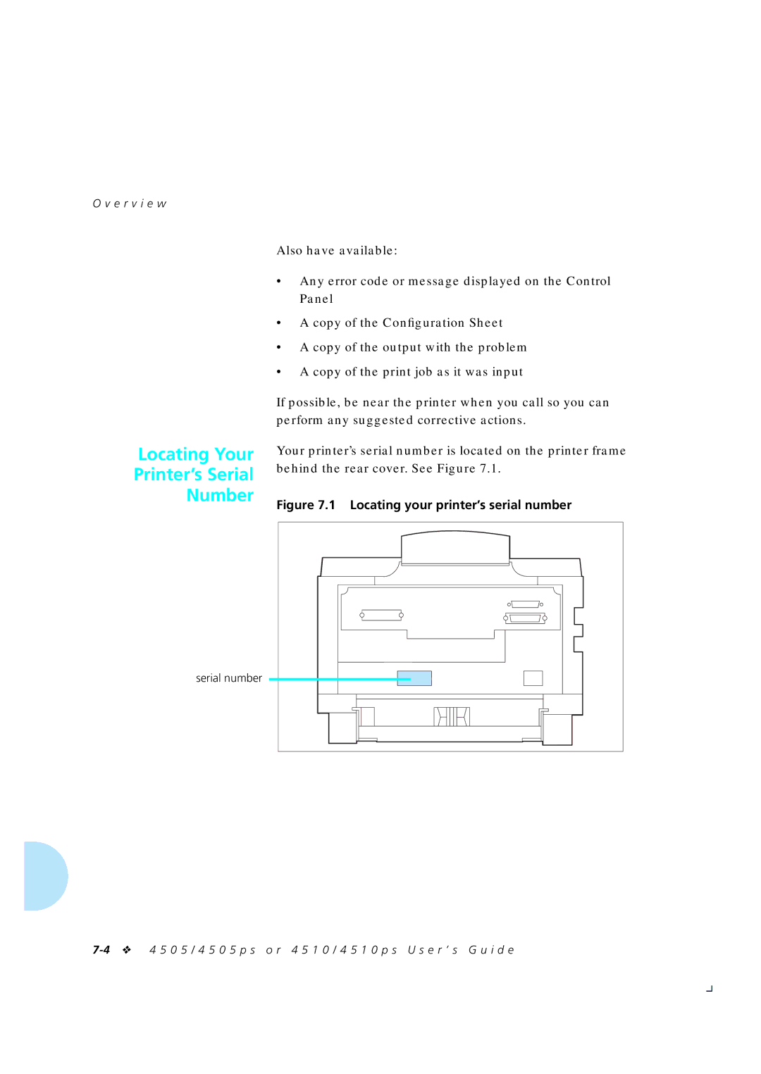 Xerox 4505/4505ps, 4510/4510ps manual Locating Your Printer’s Serial Number, Serial number 