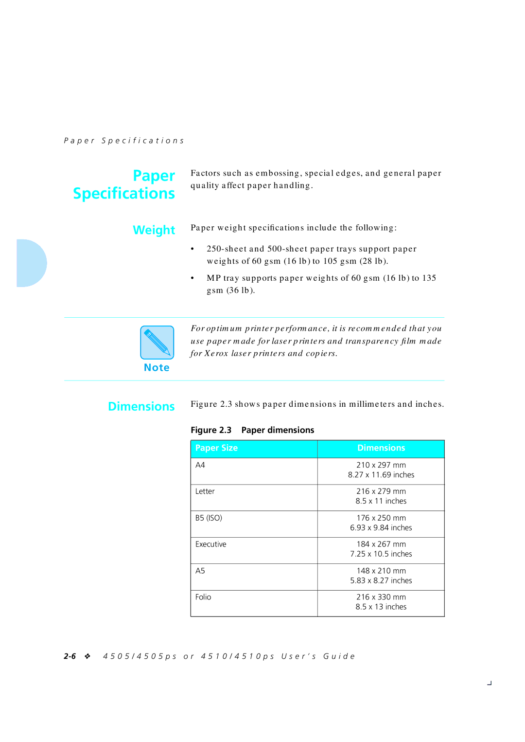 Xerox 4505/4505ps, 4510/4510ps manual Weight, Paper Size Dimensions, P e r Specification s 