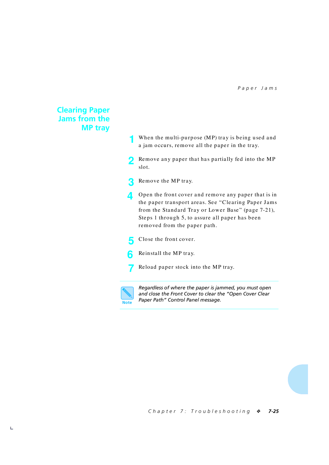 Xerox 4510/4510ps, 4505/4505ps manual Clearing Paper Jams from MP tray 