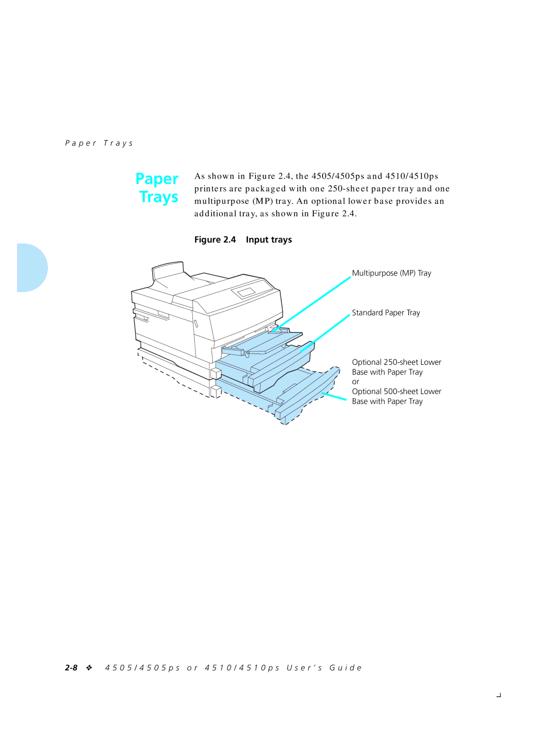 Xerox 4505/4505ps, 4510/4510ps manual Paper Trays, P e r T r a y s, Multipurpose MP Tray Standard Paper Tray 