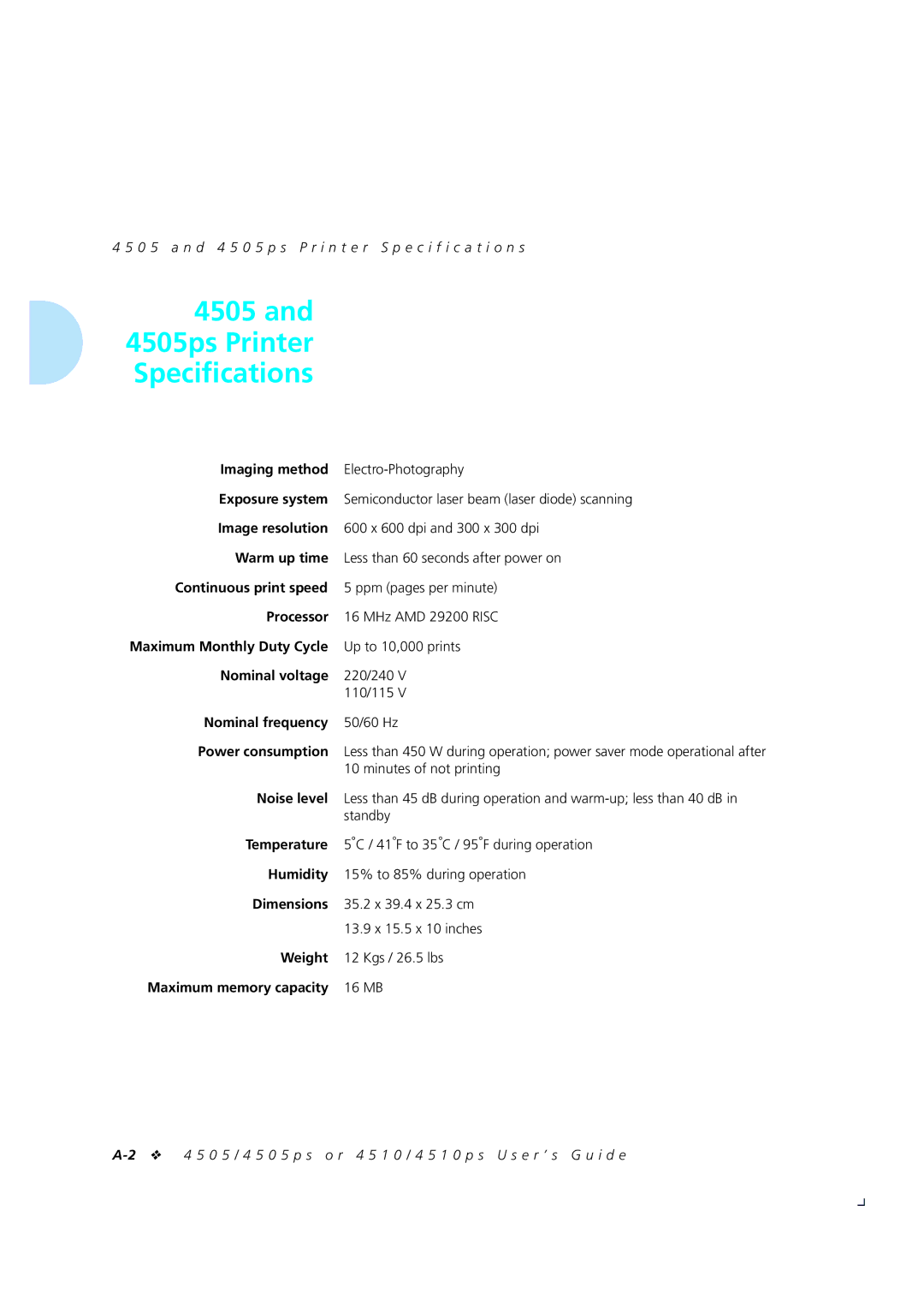 Xerox 4505/4505ps, 4510/4510ps manual 4505ps Printer Speciﬁcations 