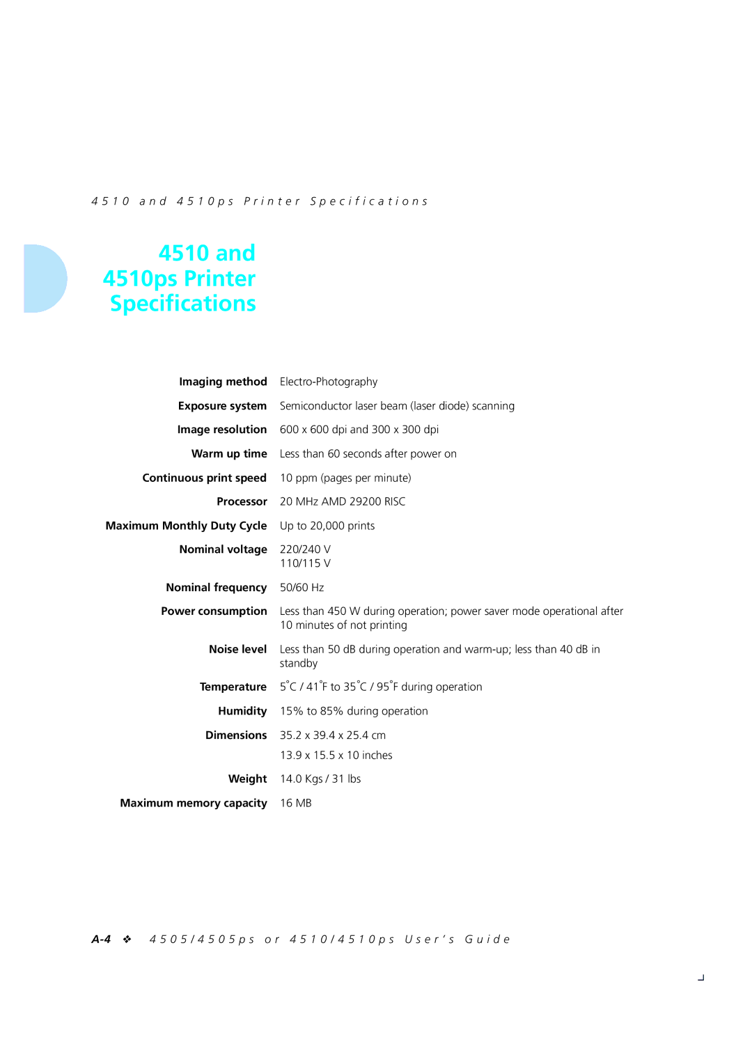 Xerox 4505/4505ps 4510ps Printer Speciﬁcations, 1 0 a n d 4 5 1 0 p s P r i n t e r Specification s, Up to 20,000 prints 