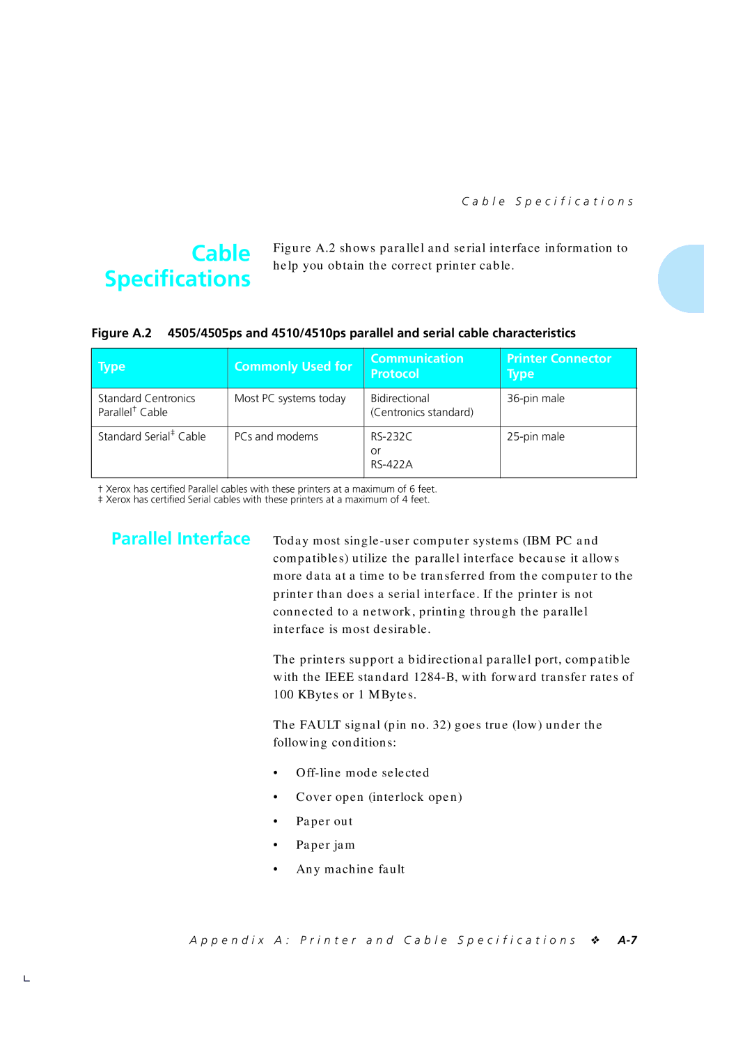 Xerox 4510/4510ps, 4505/4505ps manual Cable Speciﬁcations, B l e Specification s 