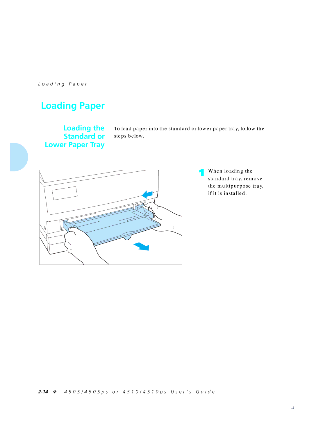 Xerox 4505/4505ps, 4510/4510ps manual Loading Paper, Loading Standard or Lower Paper Tray, A d i n g P a p e r 