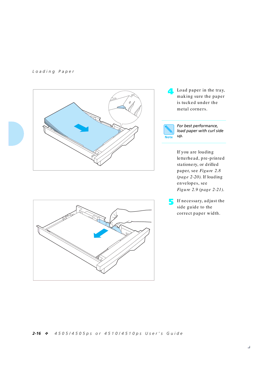 Xerox 4505/4505ps, 4510/4510ps manual Load paper in the tray, Making sure the paper, Is tucked under, Metal corners 