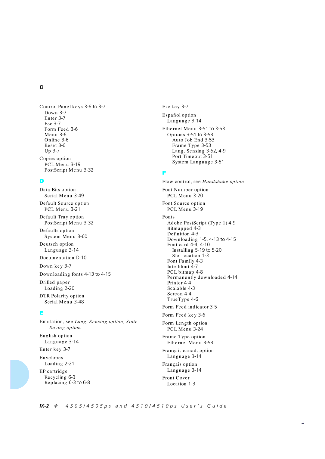 Xerox 4505/4505ps, 4510/4510ps manual Emulation, see Lang. Sensing option, State Saving option 