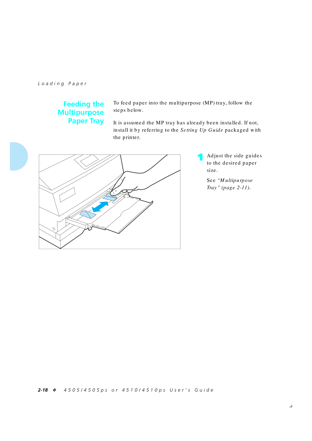 Xerox 4505/4505ps, 4510/4510ps manual Feeding Multipurpose Paper Tray, Adjust the side guides To the desired paper Size 