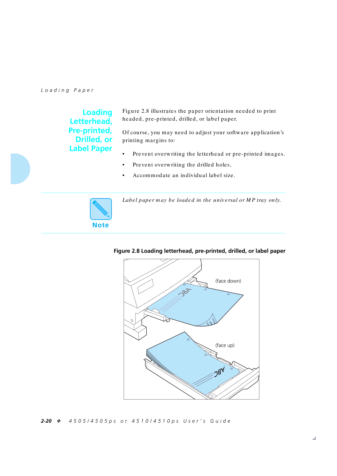 Xerox 4505/4505ps, 4510/4510ps manual Loading Letterhead Pre-printed Drilled, or Label Paper, Face up 