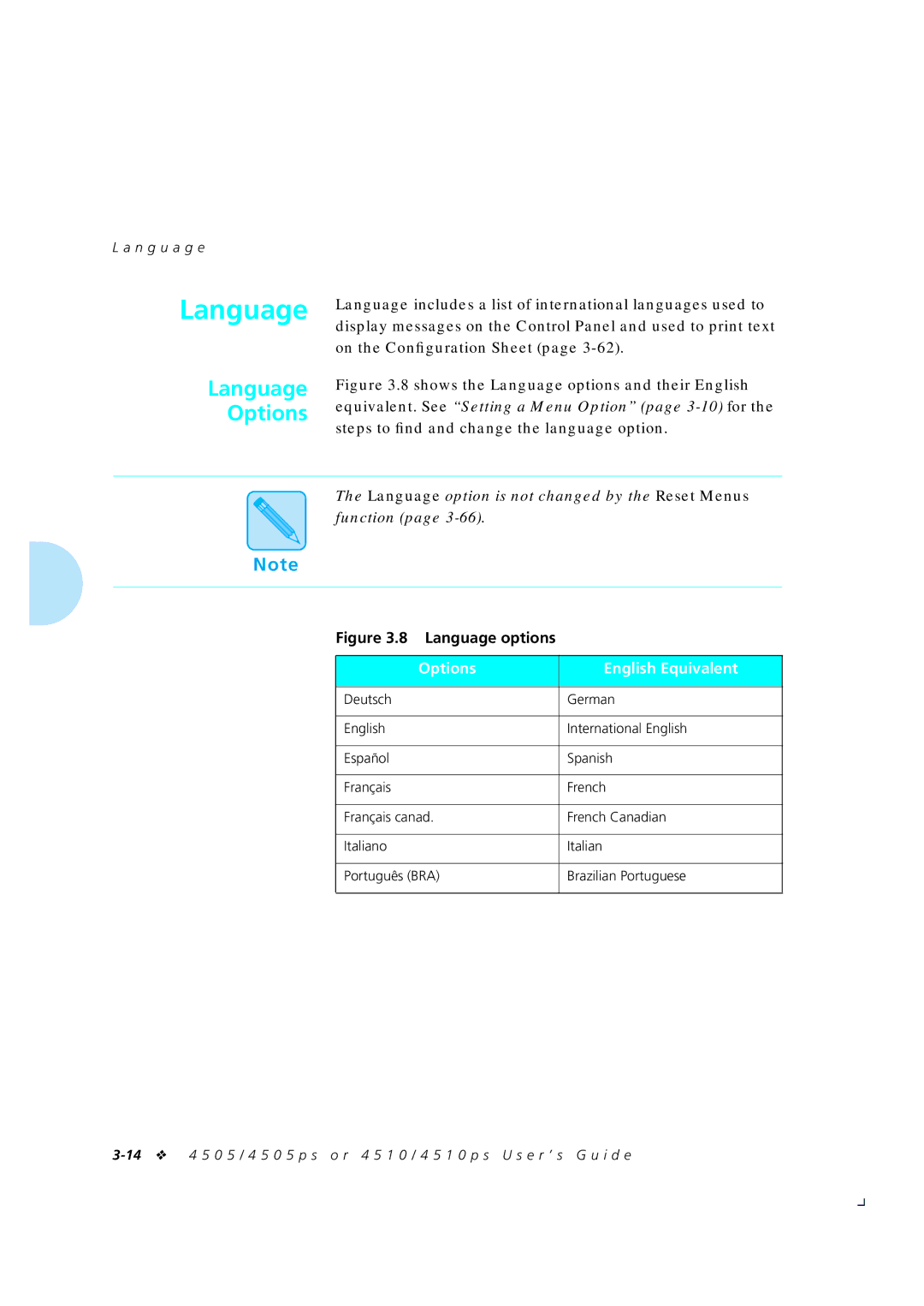 Xerox 4505/4505ps, 4510/4510ps manual Language Options, Options English Equivalent, N g u a g e 