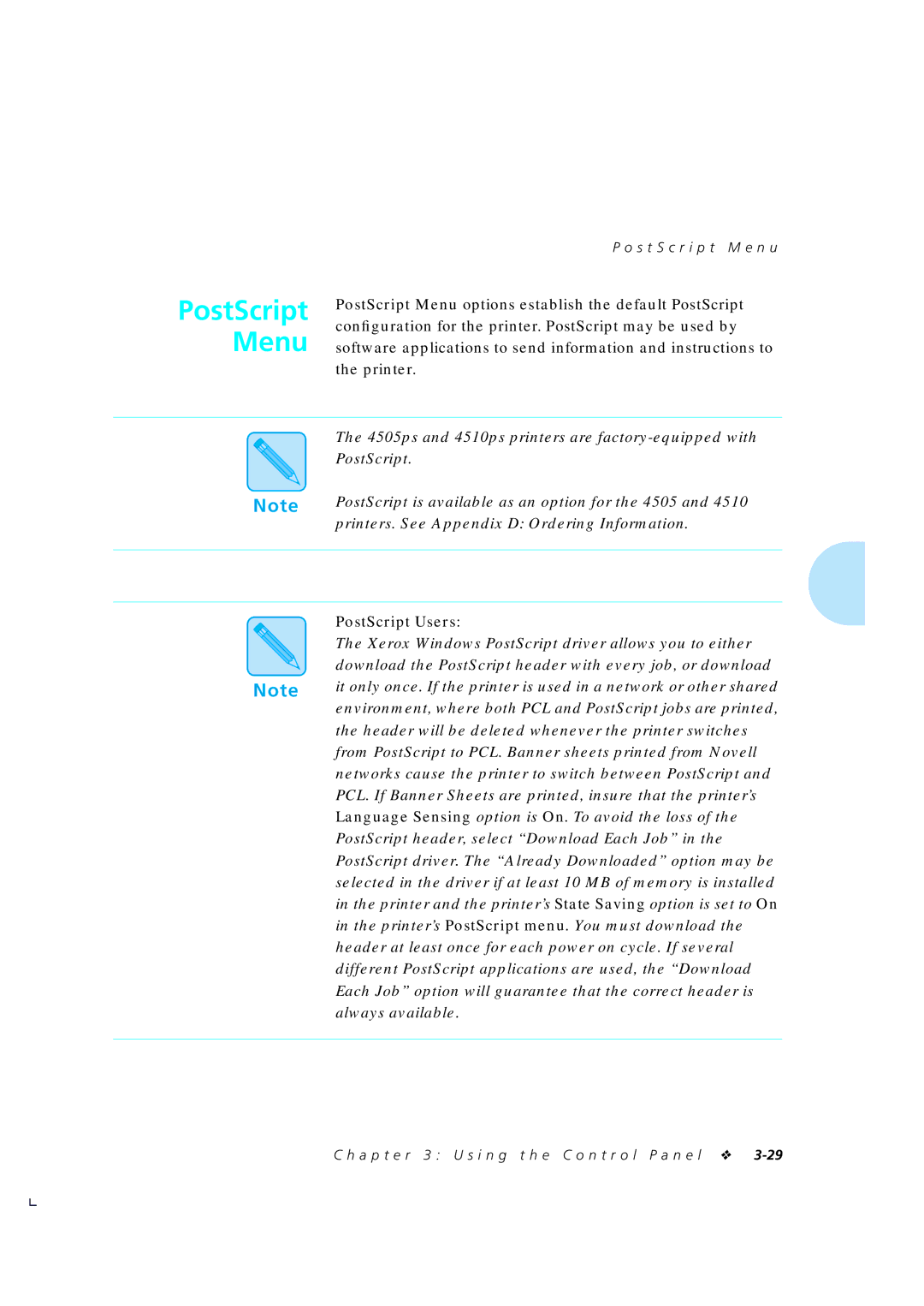 Xerox 4510/4510ps, 4505/4505ps manual PostScript Menu, S t S c r i p t M e n u 