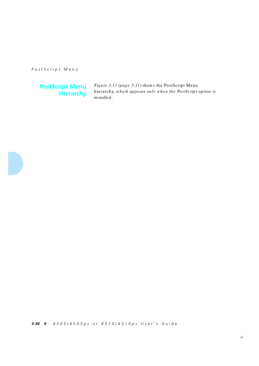 Xerox 4505/4505ps, 4510/4510ps manual PostScript Menu Hierarchy 