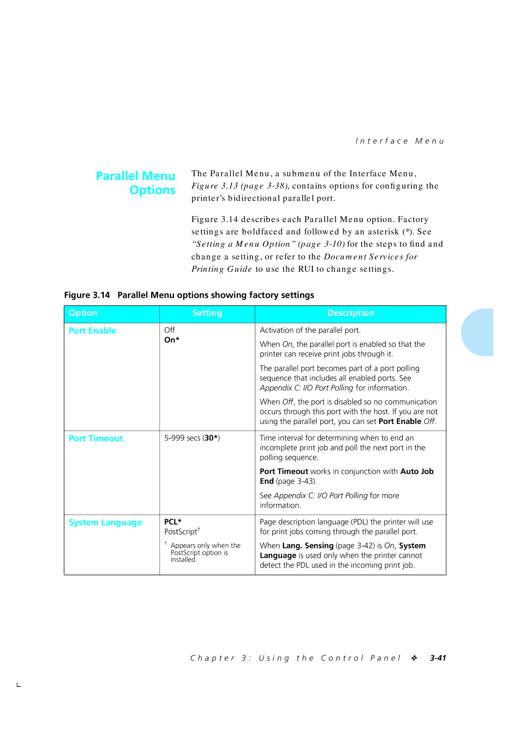 Xerox 4510/4510ps, 4505/4505ps manual Parallel Menu Options, Port Enable, Port Timeout, System Language 