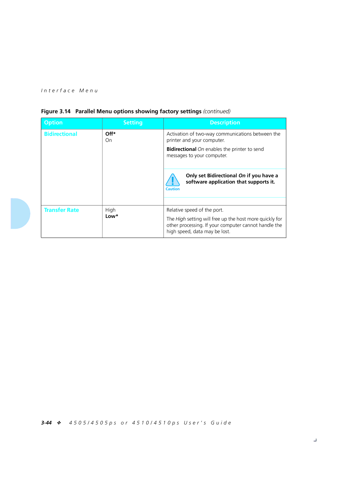 Xerox 4505/4505ps Transfer Rate, Only set Bidirectional On if you have a, Software application that supports it, Low 