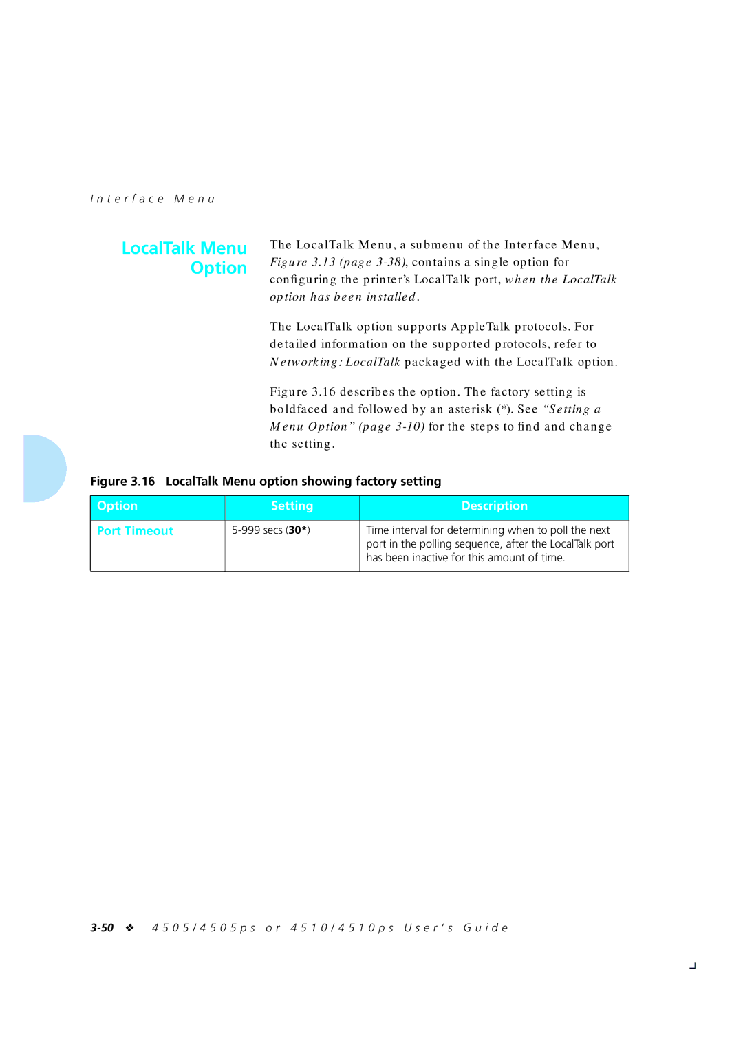 Xerox 4505/4505ps, 4510/4510ps manual LocalTalk Menu Option, Secs Time interval for determining when to poll the next 